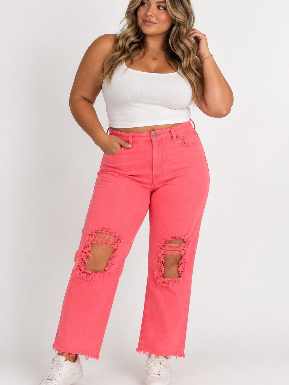 NWT Risen Coral Pink Distressed Cropped Jeans Size 15/32